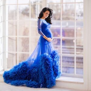 Elegant See Thru Blue Mesh Pregnancy Dress