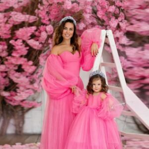 Hot Pink Strapless  Robe For Mother And Kids Dress