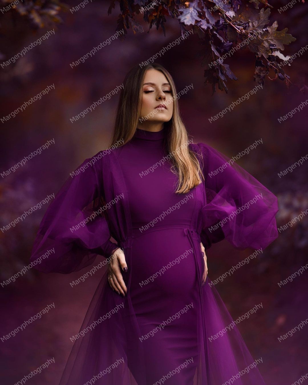 Demure Purple High Neck Tulle A Line Pregancy Dresses Long Puff Sleeves Tiered Ruffles Maternity Gowns For Photo Shoot 2022