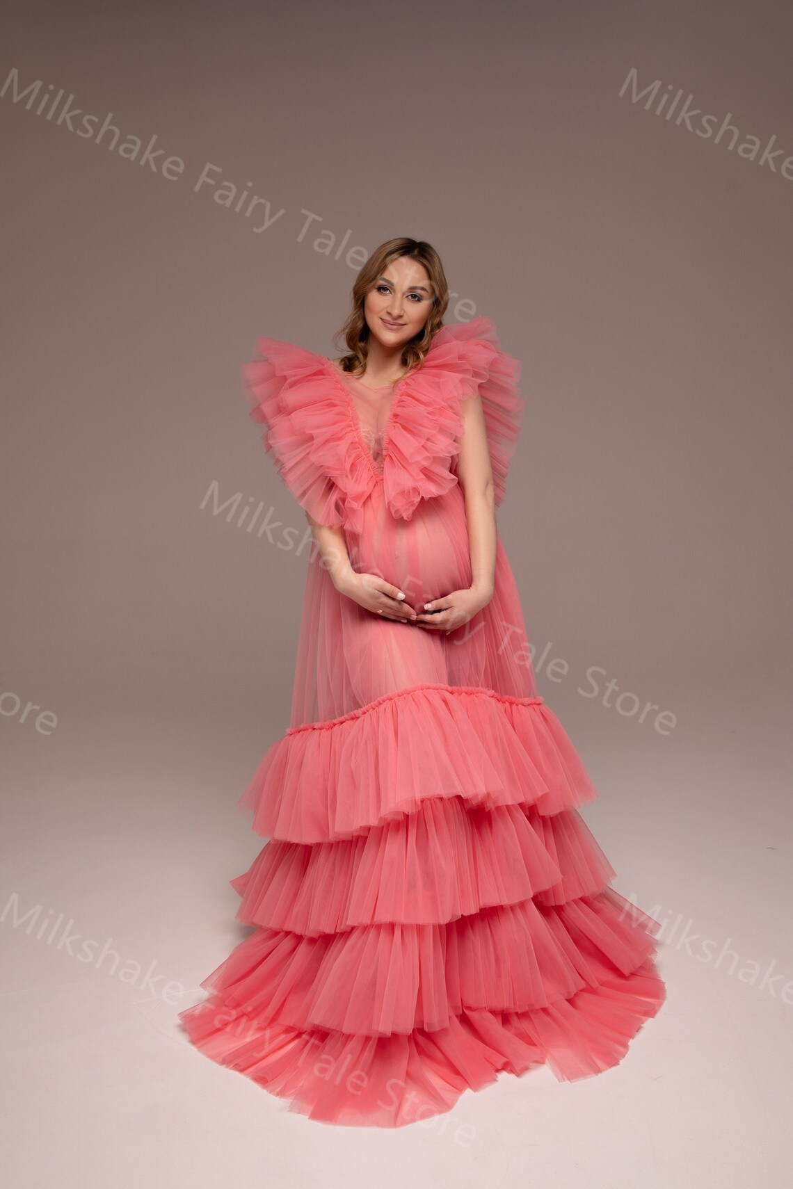 Sweet Coral Tulle Maternity Dresses Vintage Tiered Ruffles Maternity Gowns See Thru Floor Length Baby Shower Dresses