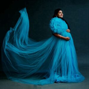 Fashion Blue Flowers Tulle Maternity Dress